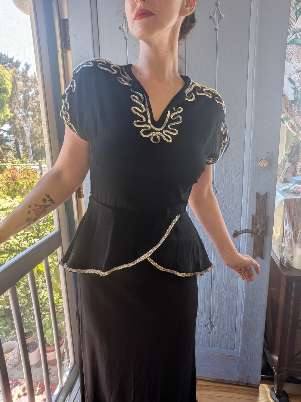 1940s Rayon Crepe Dress W/ Peplum And Sequins